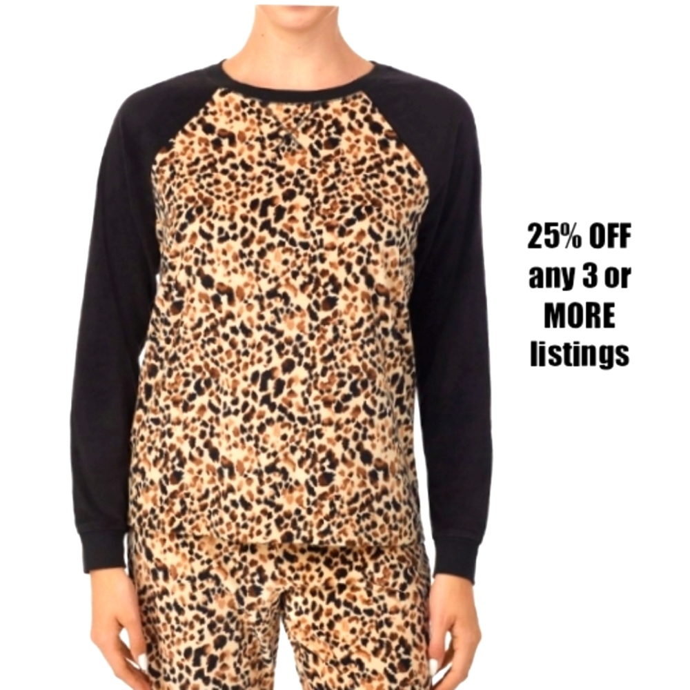 Leopard Fleece Longsleeve Top Baseball Sleeves Size XL Graphic Print Animal Soft